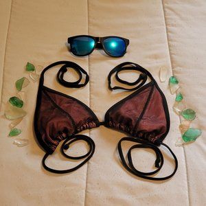 Black & peach textured triangle string bikini swim top. Sz; M